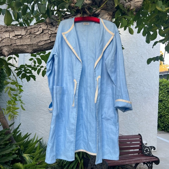 SUNO Blue Linen Cropped Duster Jacket | Open Front | One Size | Patch Pockets - Picture 3 of 11